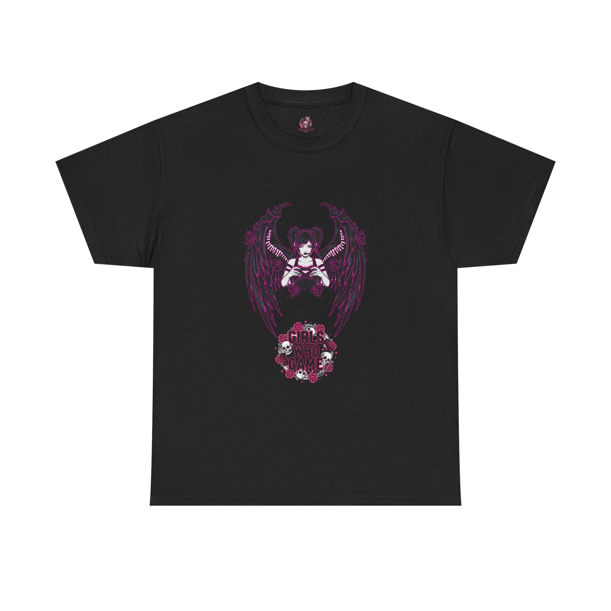Dark Angel Wings Gamer Girl — Pink Neon Graphic T-Shirt