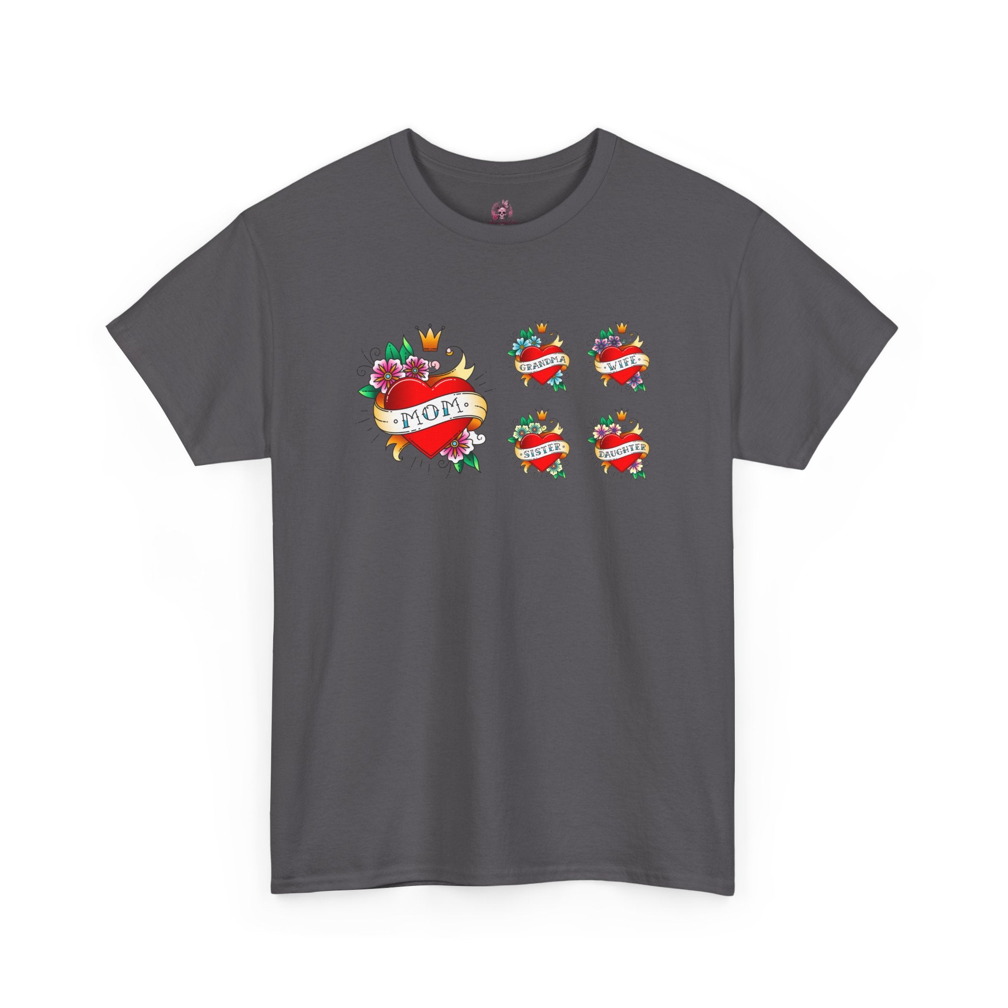 Mom Heart Tattoo Graphic Tee — Vintage Floral "MOM" Chest Print