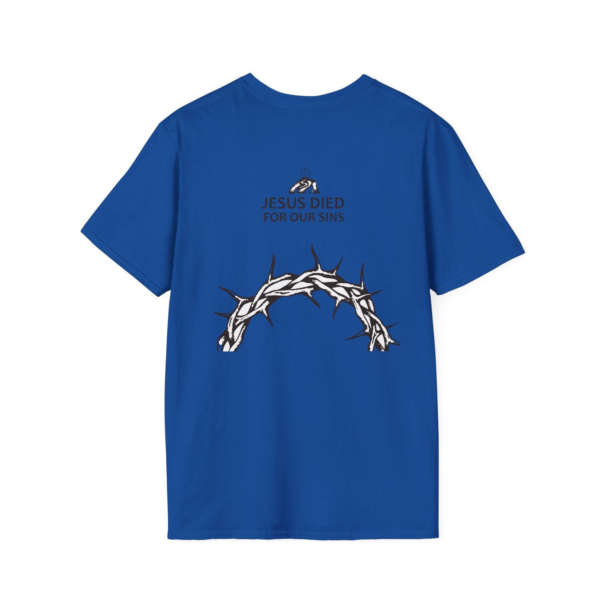 Christian Cross T-Shirt — "Jesus Died For Our Sins" with Crown of Thorns