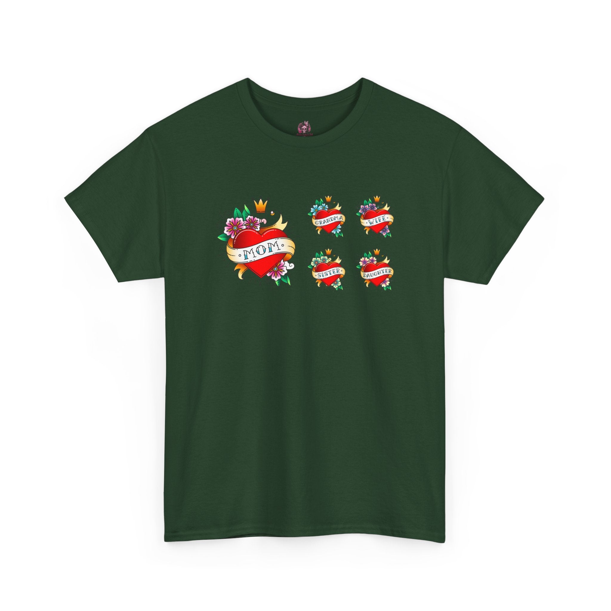 Mom Heart Tattoo Graphic Tee — Vintage Floral "MOM" Chest Print