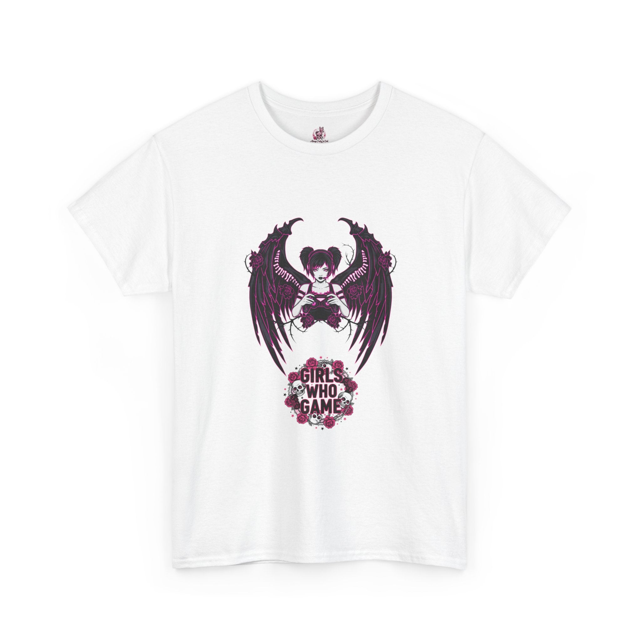 Dark Angel Wings Gamer Girl — Pink Neon Graphic T-Shirt