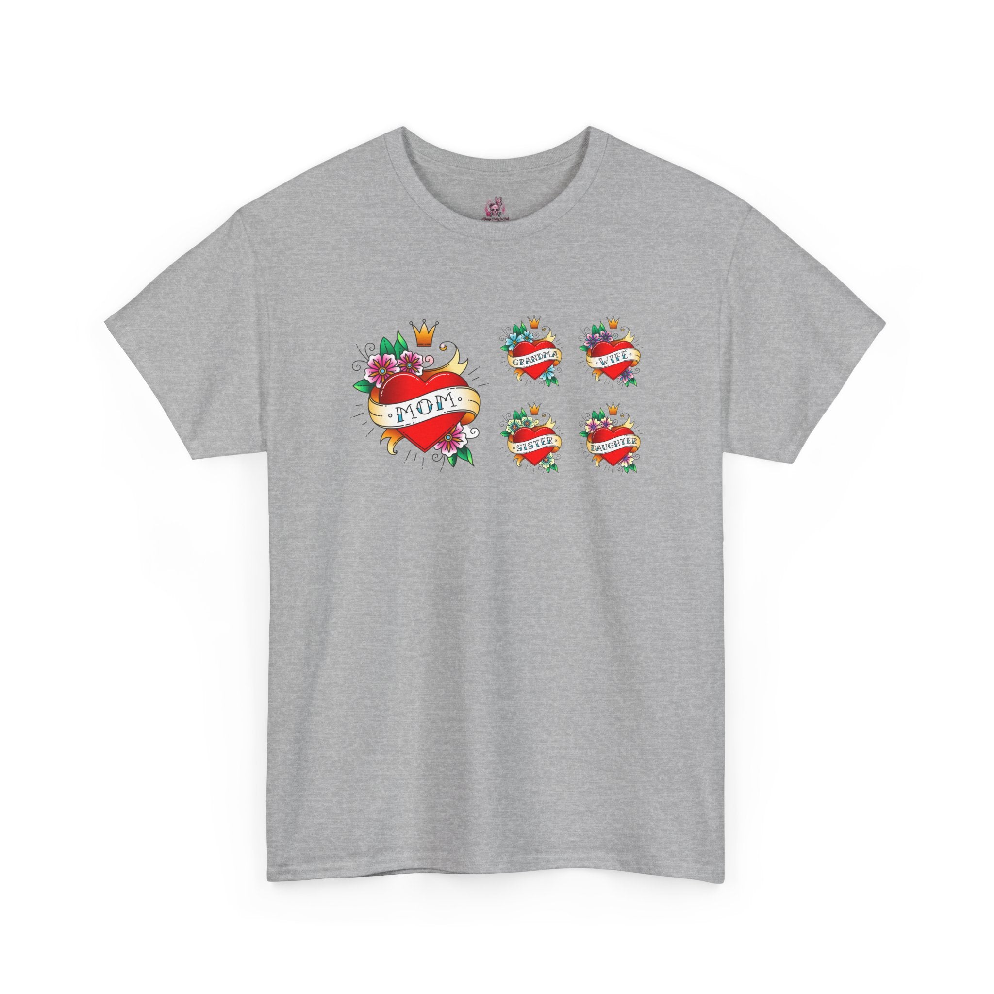 Mom Heart Tattoo Graphic Tee — Vintage Floral "MOM" Chest Print