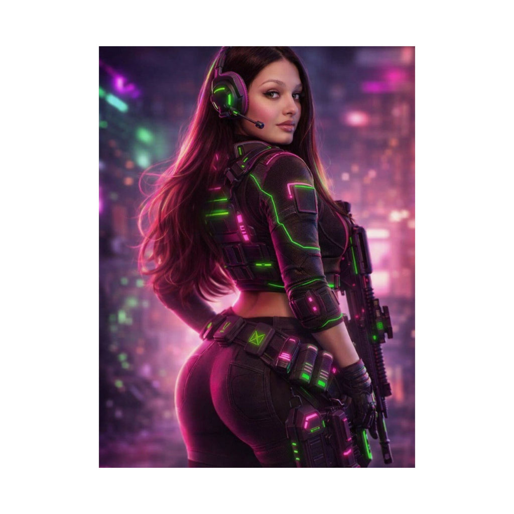 Cyberpunk Female Mercenary Poster — Matte Vertical