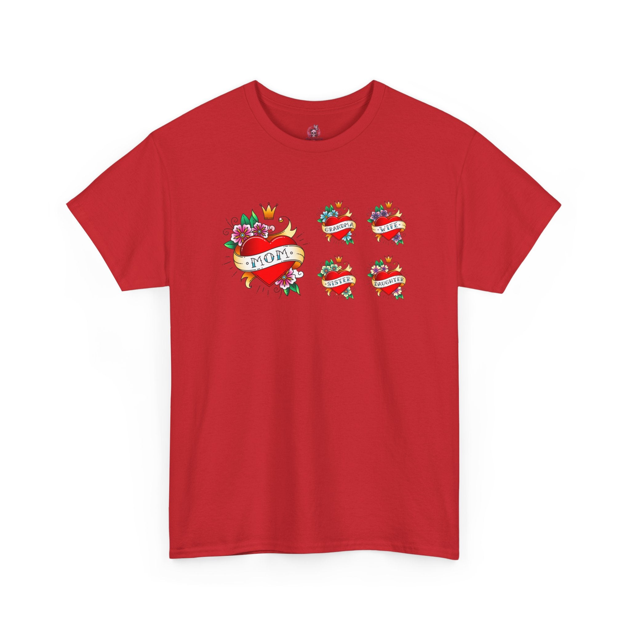 Mom Heart Tattoo Graphic Tee — Vintage Floral "MOM" Chest Print