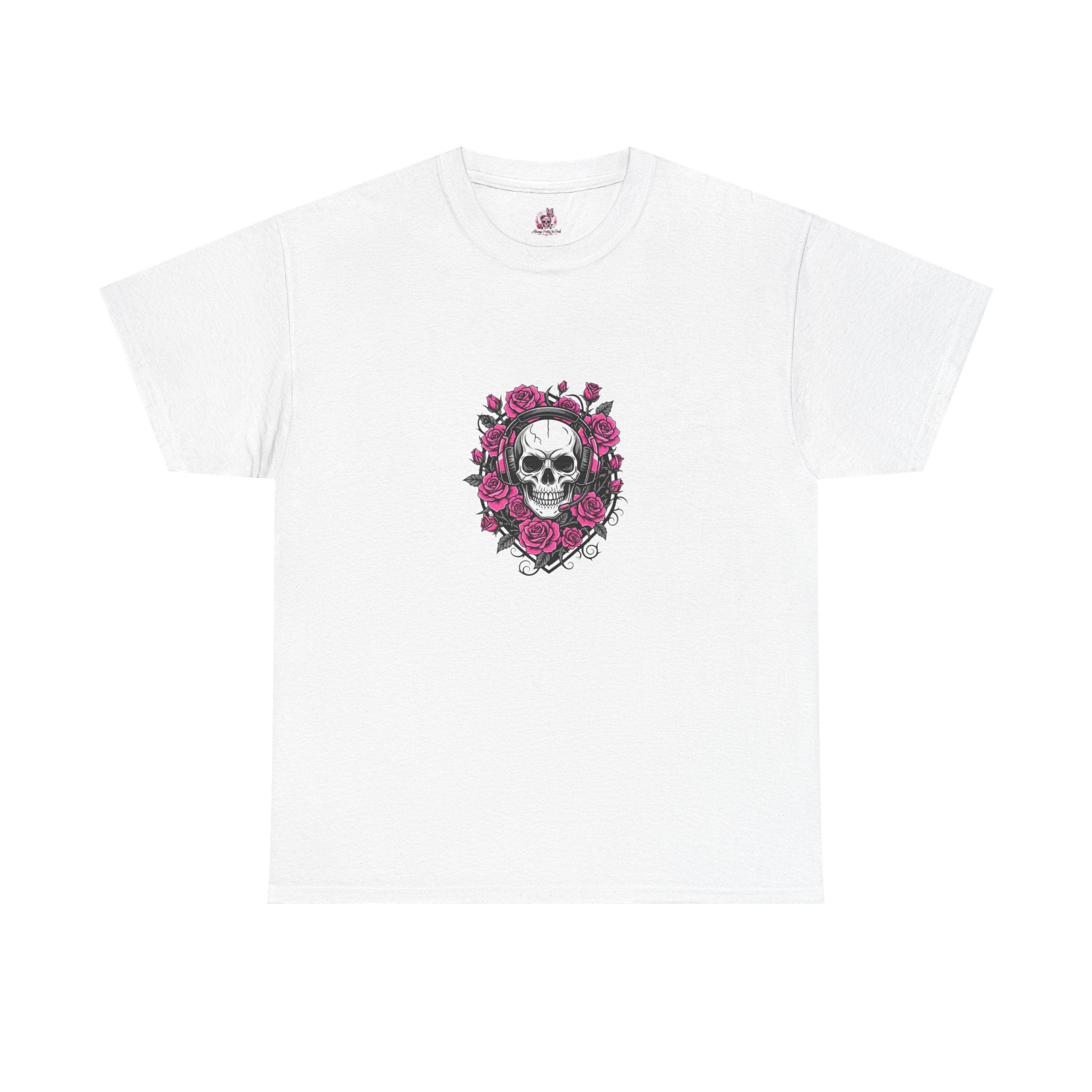 Girls Who Game Skull & Pink Roses Headset Graphic T-Shirt
