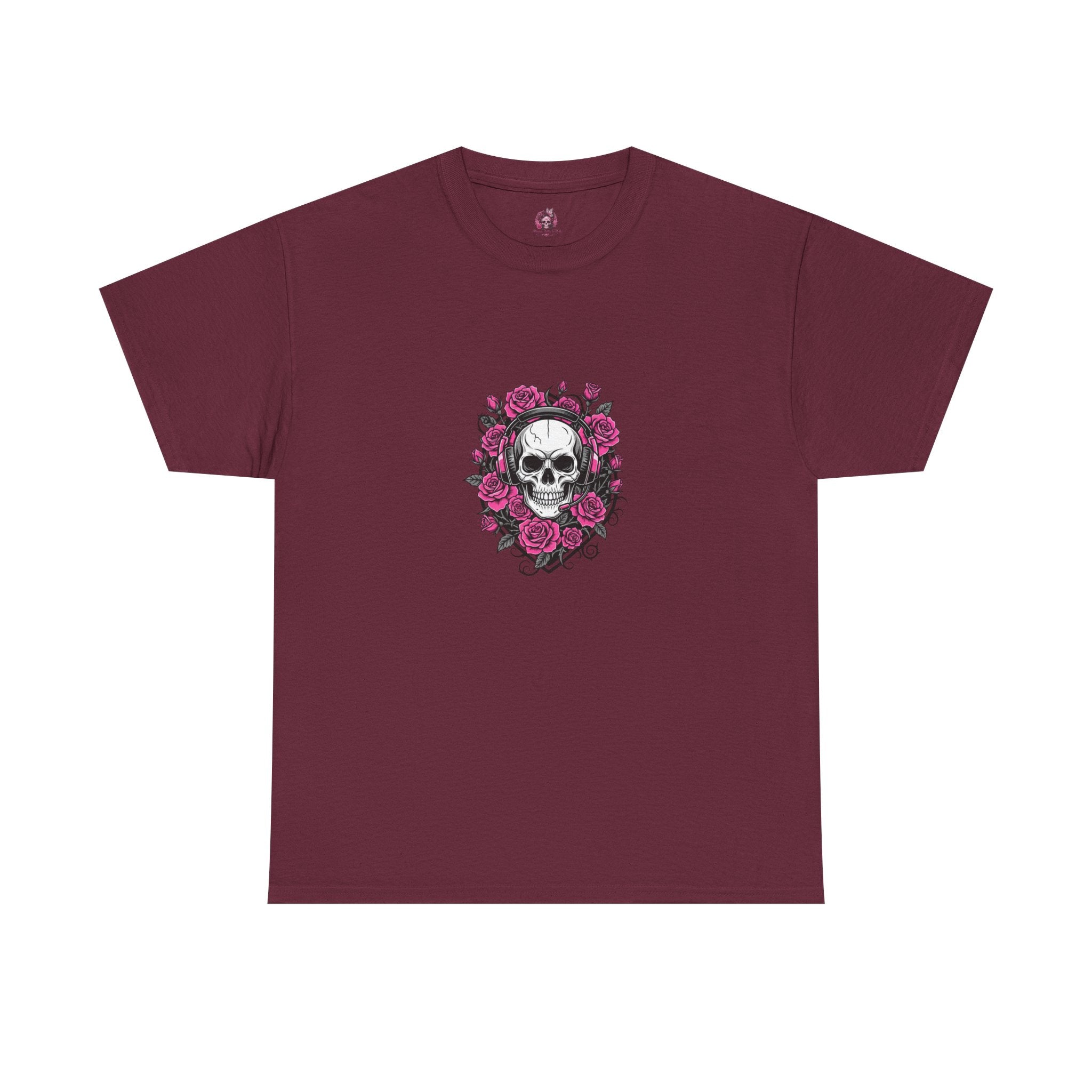 Girls Who Game Skull & Pink Roses Headset Graphic T-Shirt
