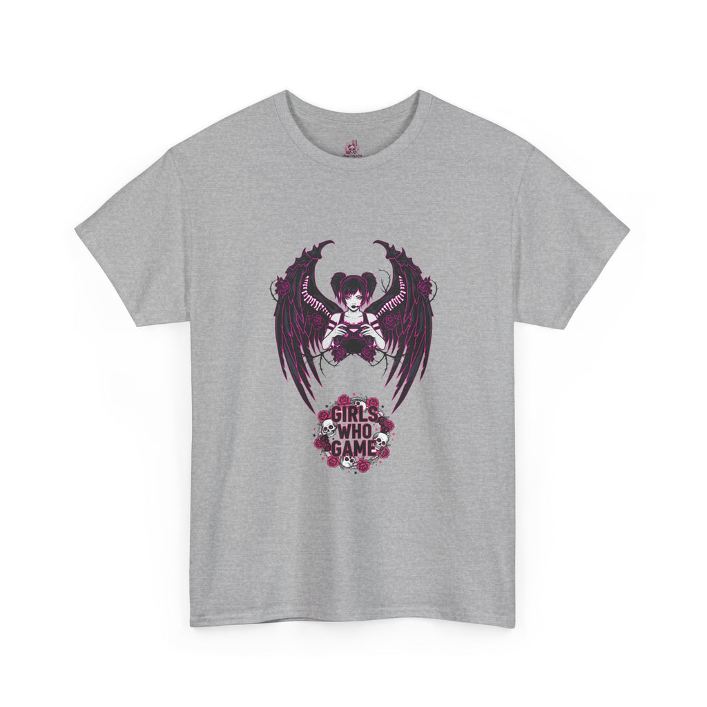 Dark Angel Wings Gamer Girl — Pink Neon Graphic T-Shirt