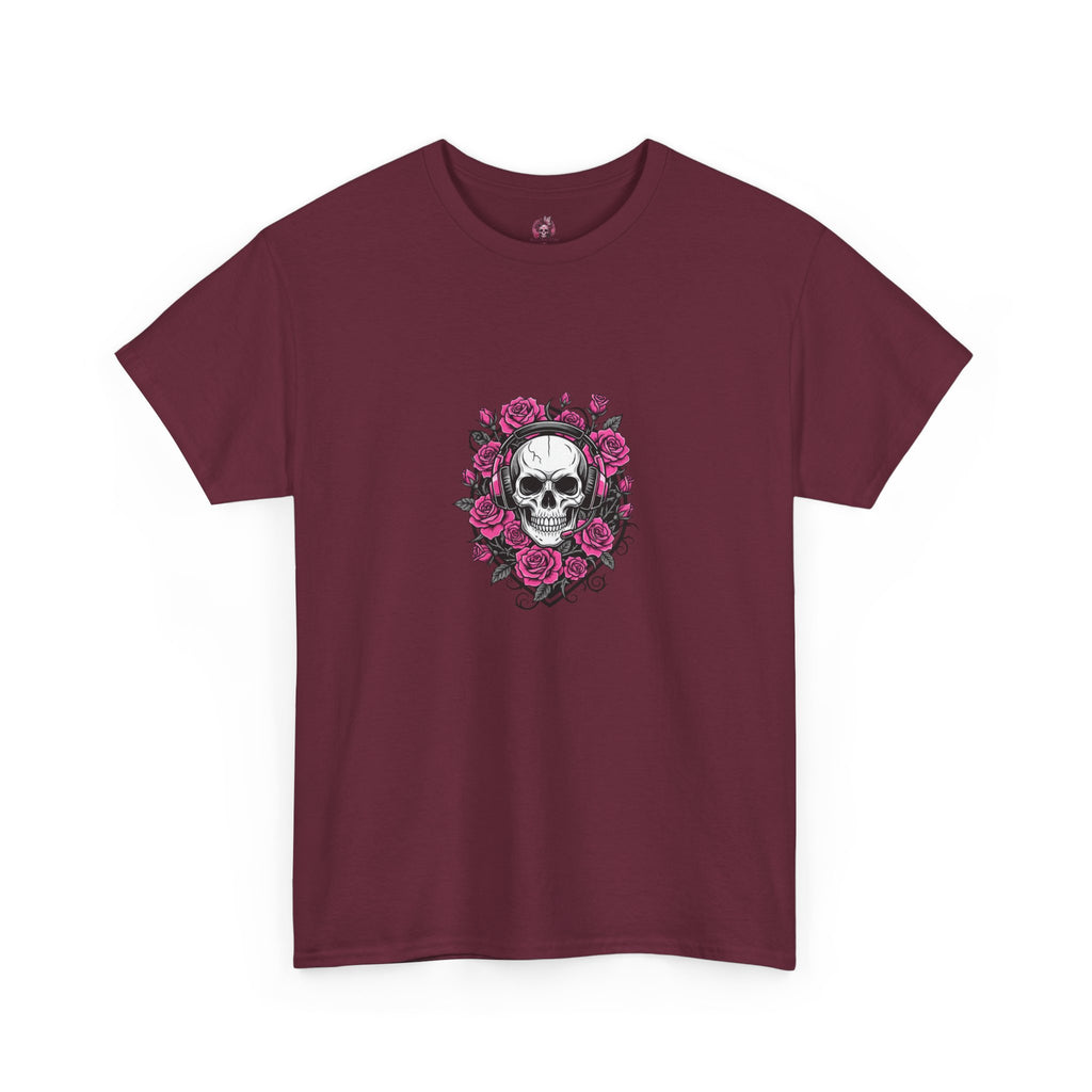 Girls Who Game Skull & Pink Roses Headset Graphic T-Shirt