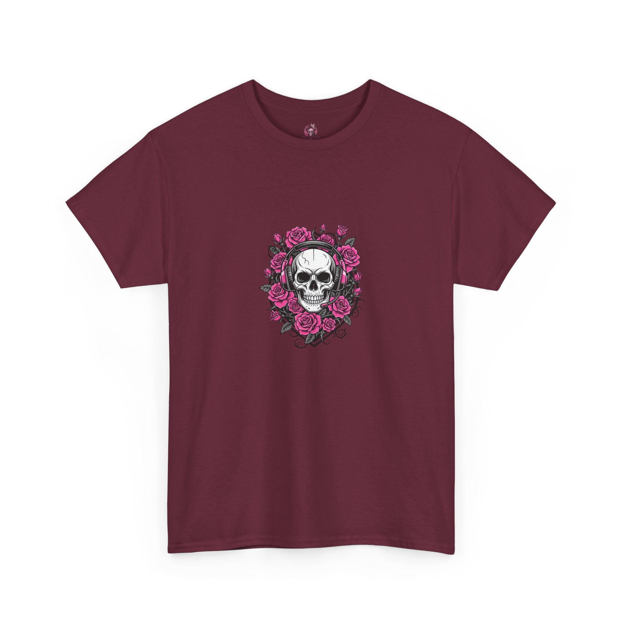 Girls Who Game Skull & Pink Roses Headset Graphic T-Shirt