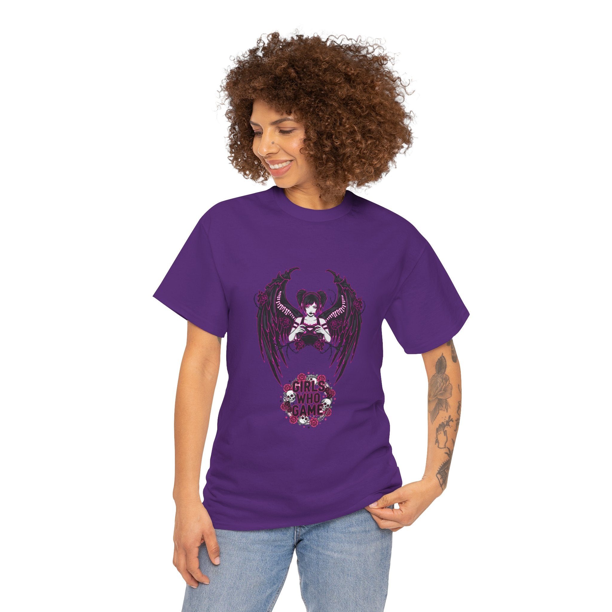 Dark Angel Wings Gamer Girl — Pink Neon Graphic T-Shirt
