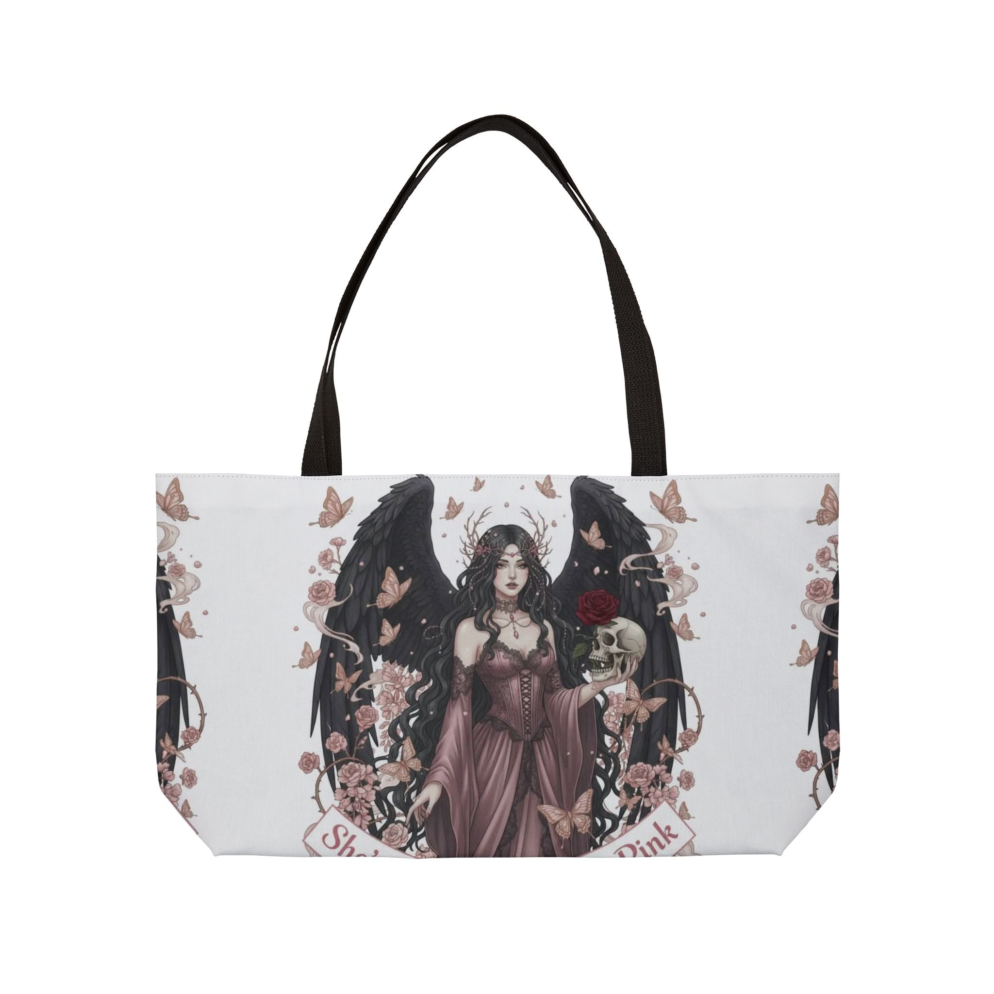 Gothic Angel Weekender Tote — Dark Romantic Rose & Skull Illustration