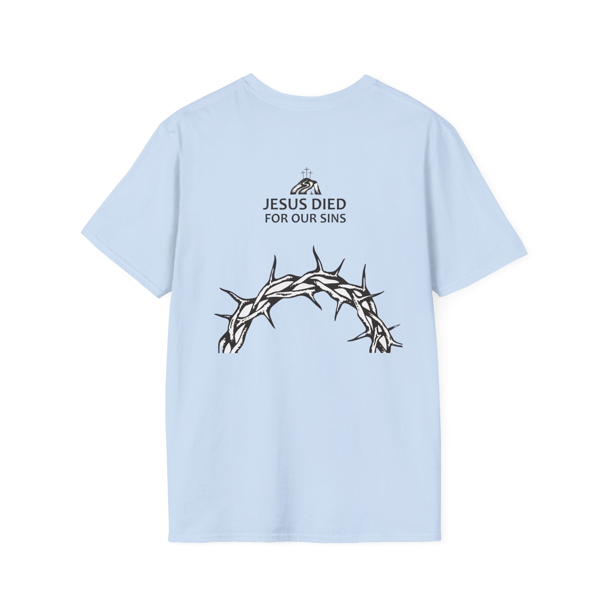 Christian Cross T-Shirt — "Jesus Died For Our Sins" with Crown of Thorns