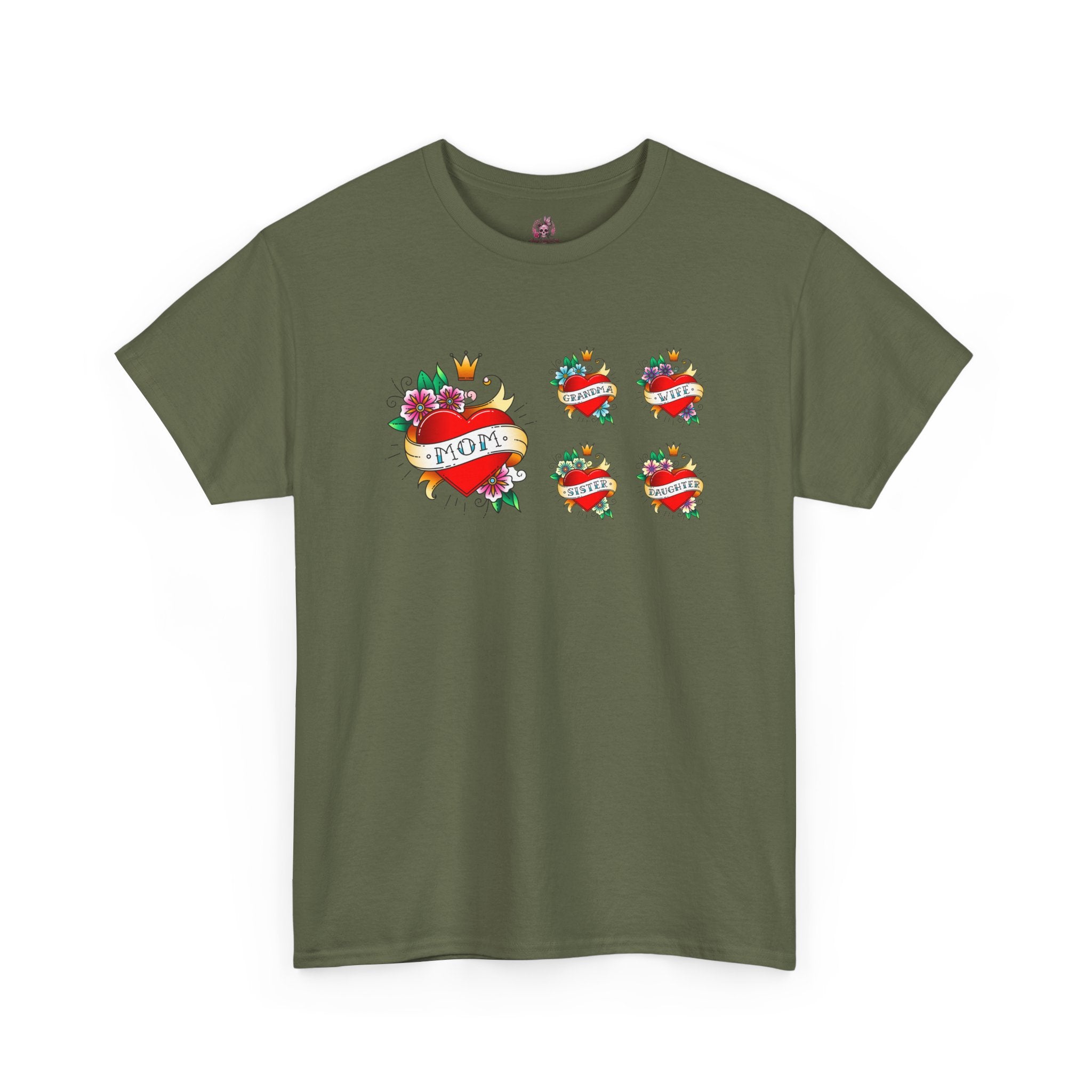 Mom Heart Tattoo Graphic Tee — Vintage Floral "MOM" Chest Print