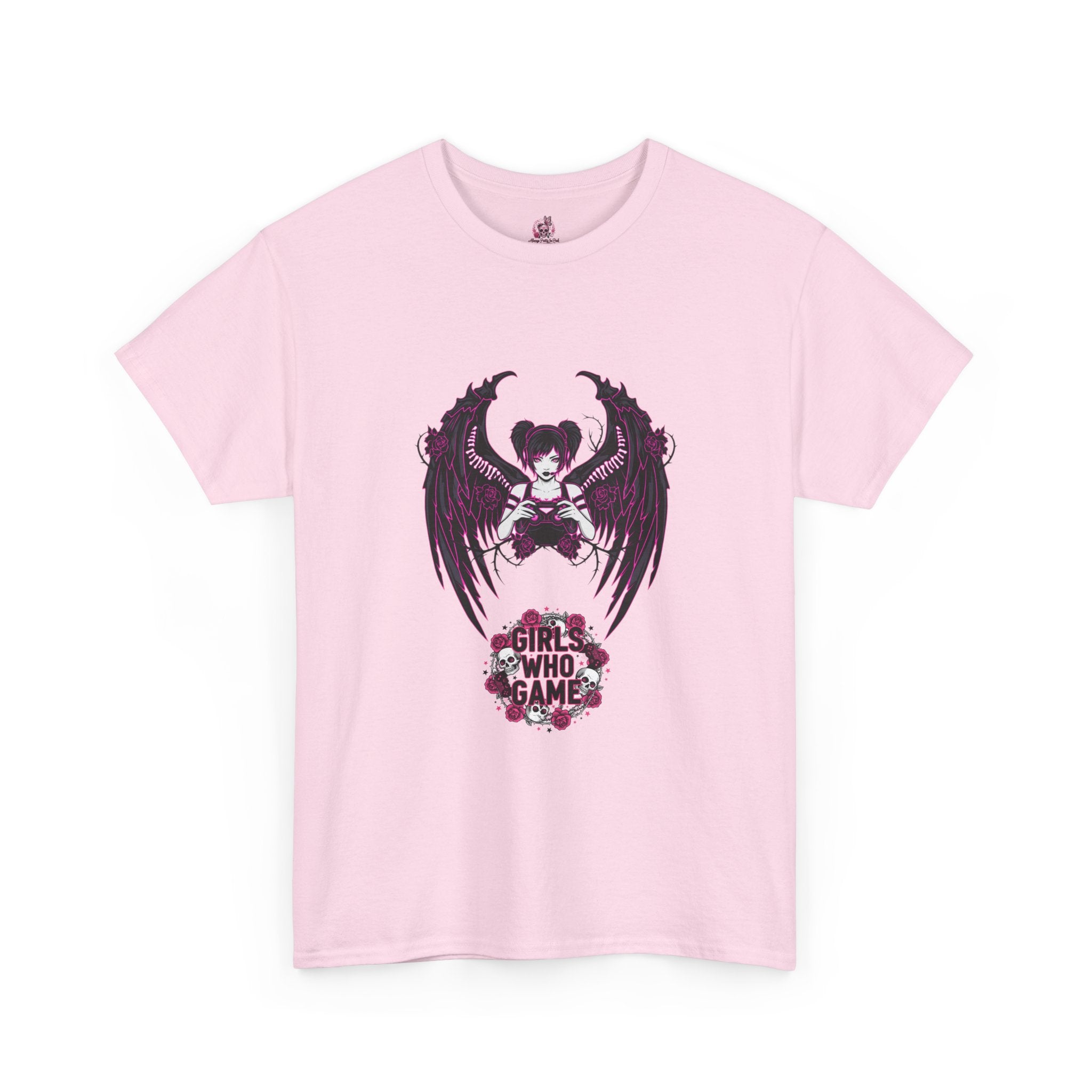 Dark Angel Wings Gamer Girl — Pink Neon Graphic T-Shirt