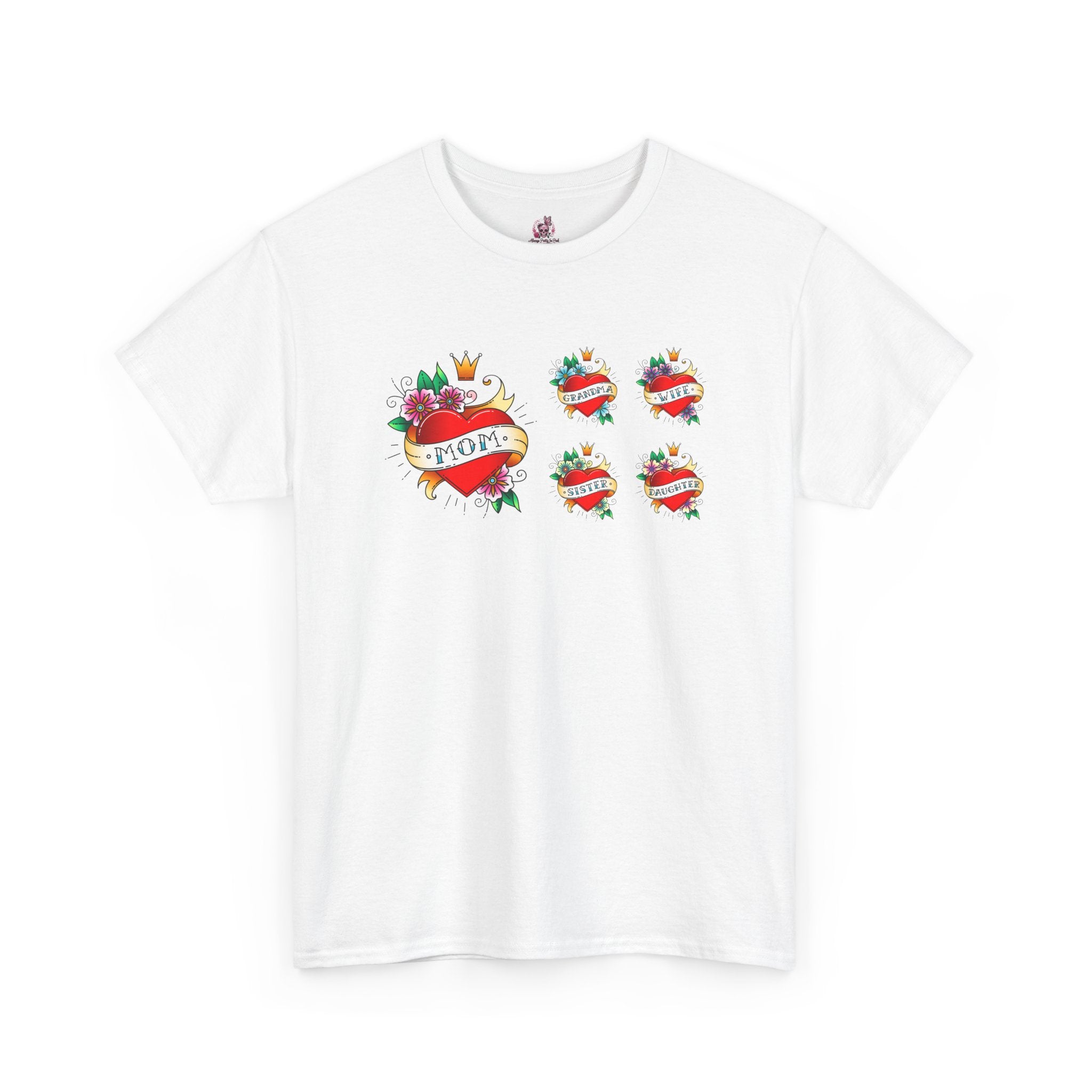 Mom Heart Tattoo Graphic Tee — Vintage Floral "MOM" Chest Print