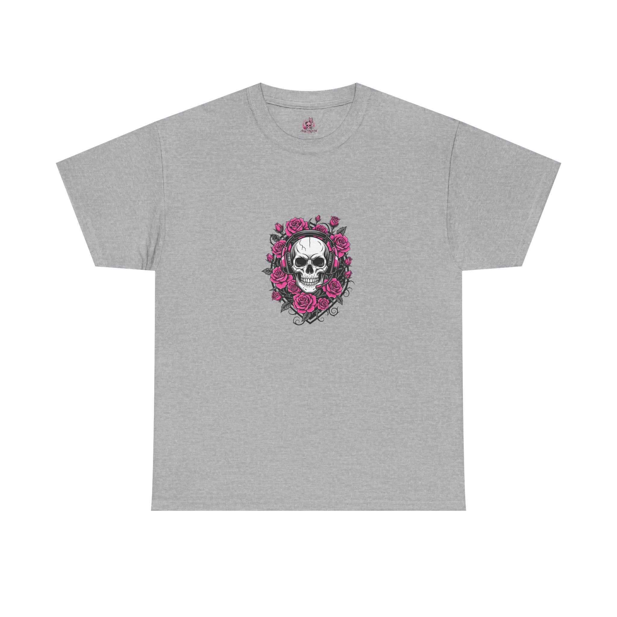 Girls Who Game Skull & Pink Roses Headset Graphic T-Shirt