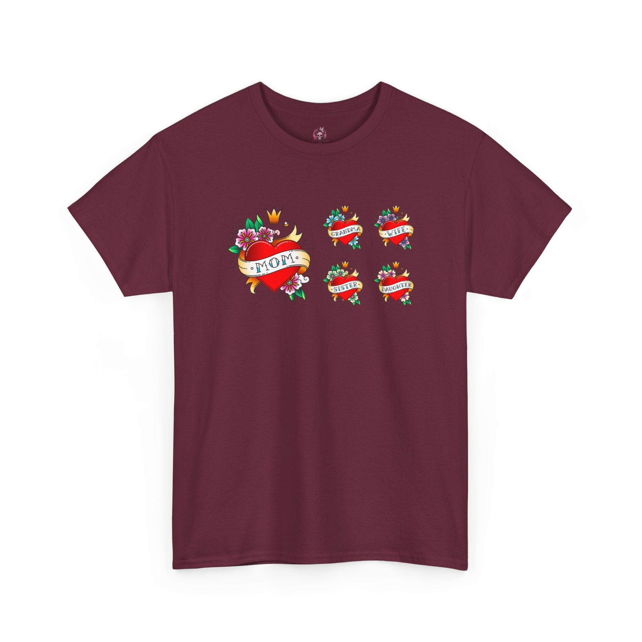 Mom Heart Tattoo Graphic Tee — Vintage Floral "MOM" Chest Print