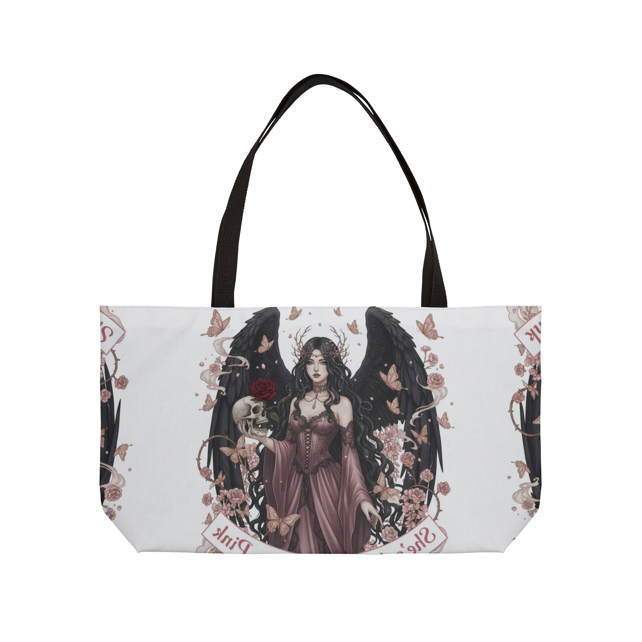 Gothic Angel Weekender Tote — Dark Romantic Rose & Skull Illustration