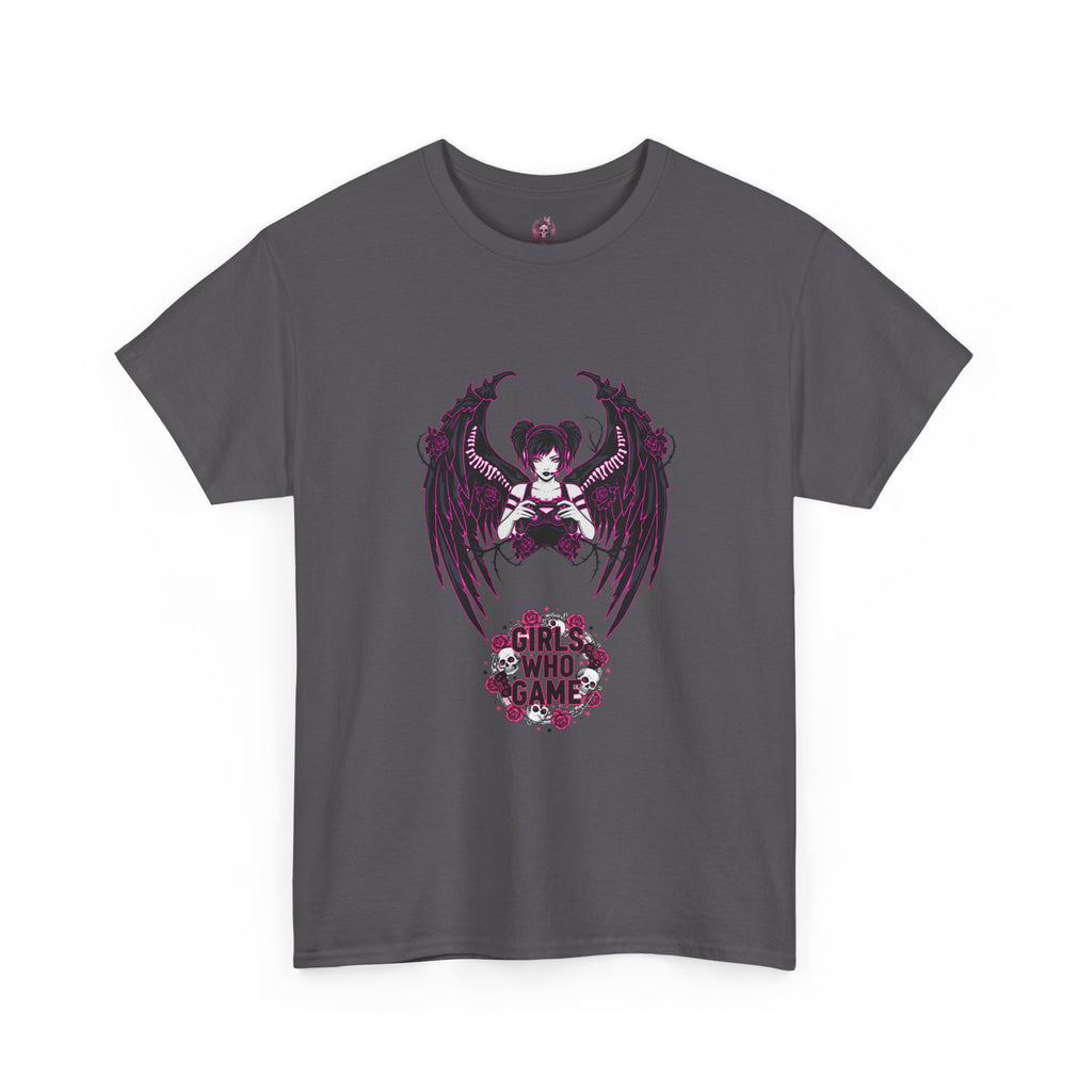 Dark Angel Wings Gamer Girl — Pink Neon Graphic T-Shirt