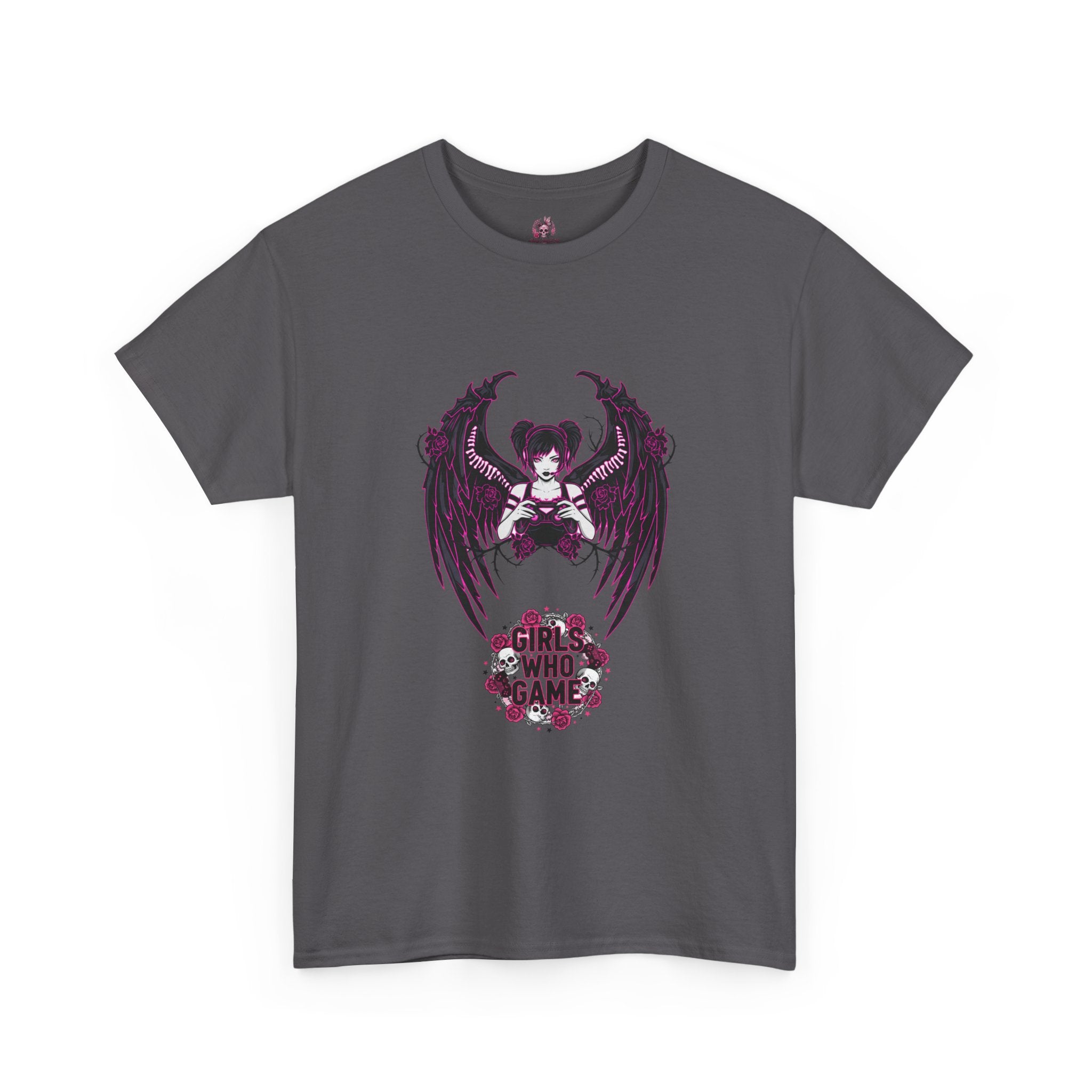 Dark Angel Wings Gamer Girl — Pink Neon Graphic T-Shirt