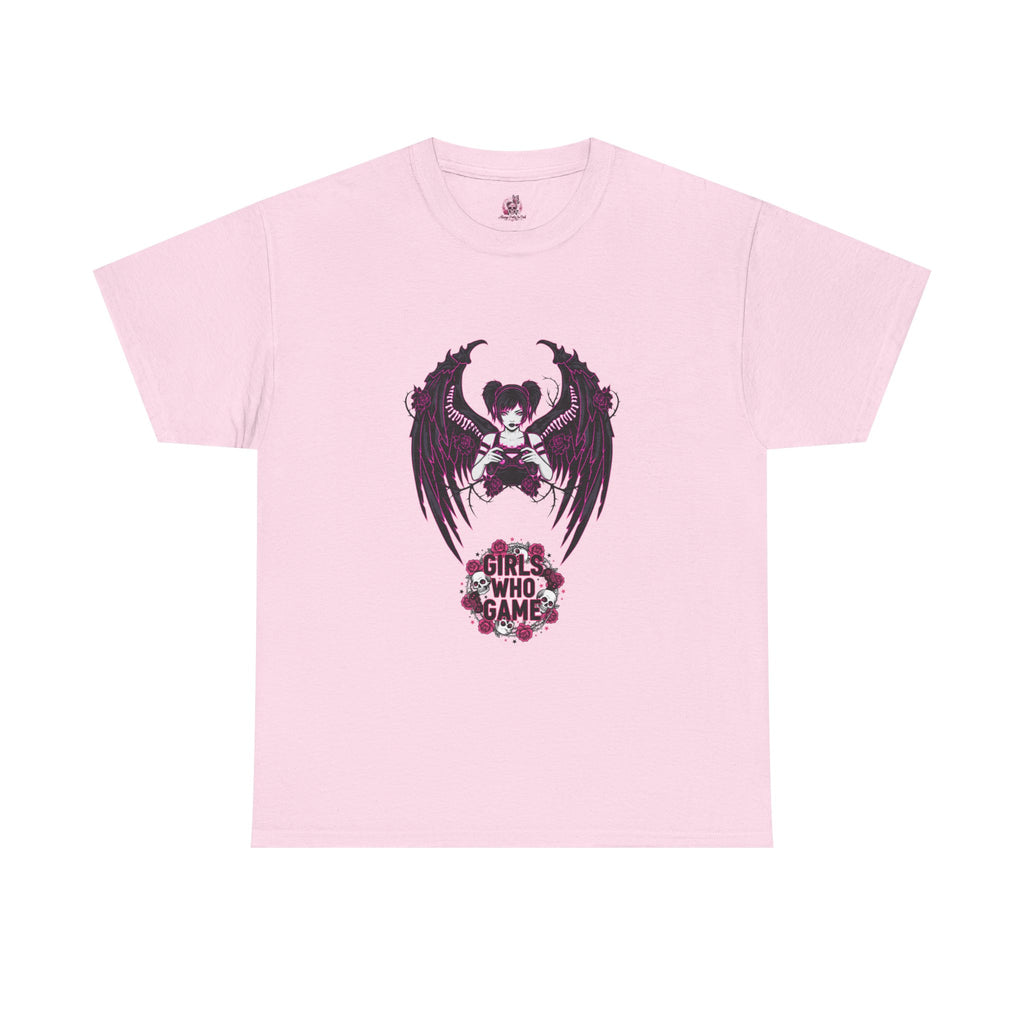 Dark Angel Wings Gamer Girl — Pink Neon Graphic T-Shirt