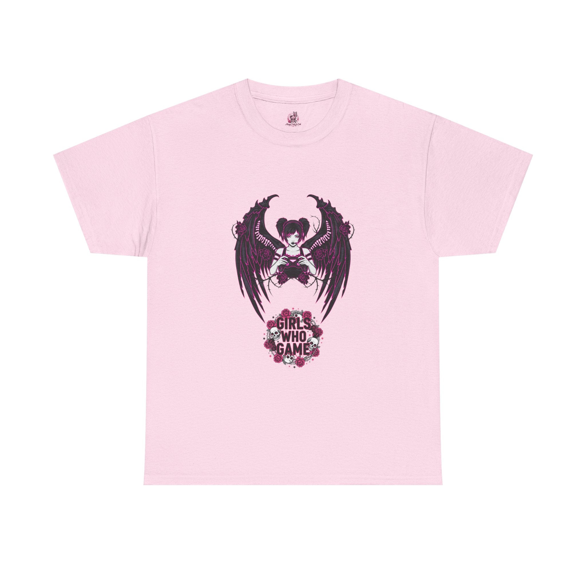 Dark Angel Wings Gamer Girl — Pink Neon Graphic T-Shirt