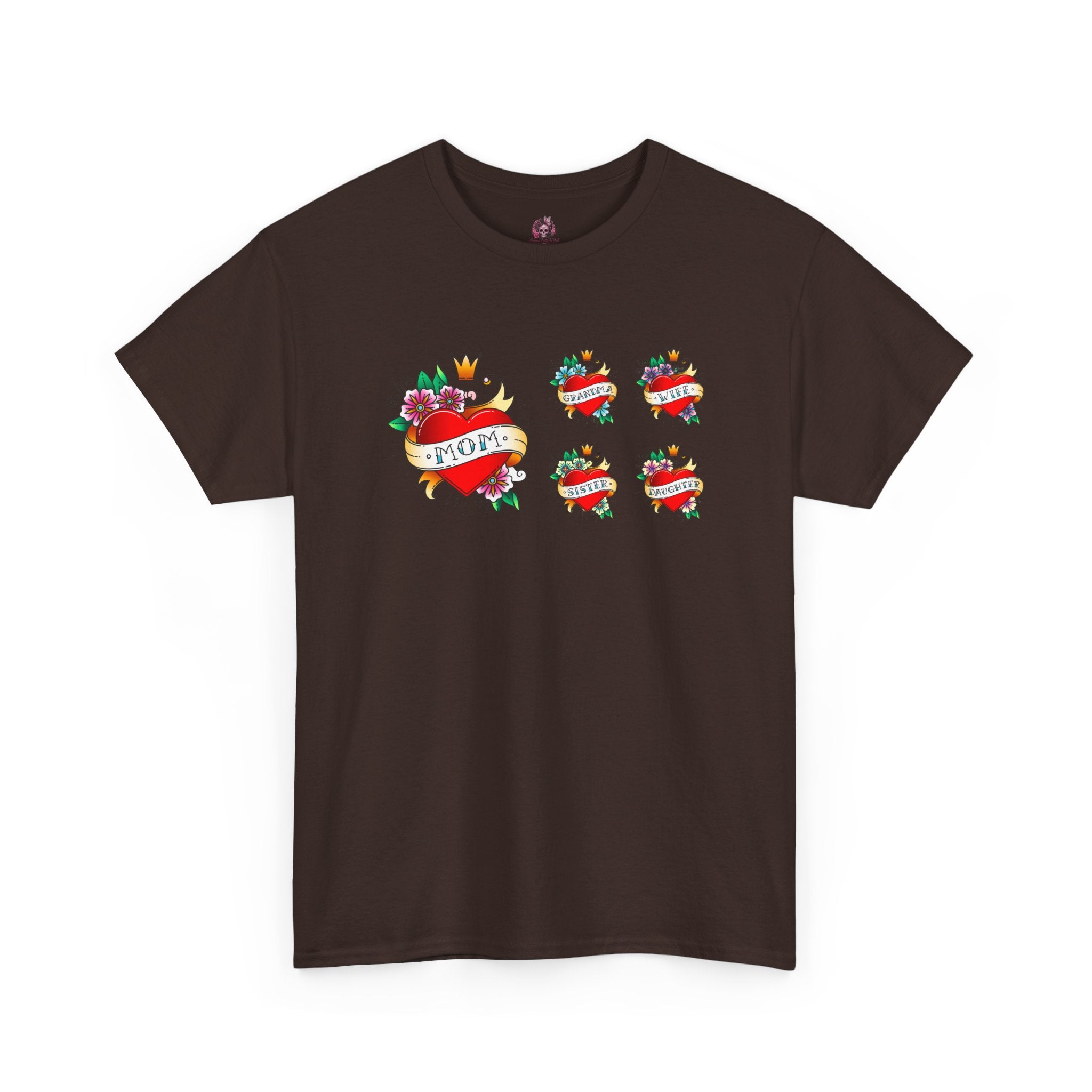 Mom Heart Tattoo Graphic Tee — Vintage Floral "MOM" Chest Print
