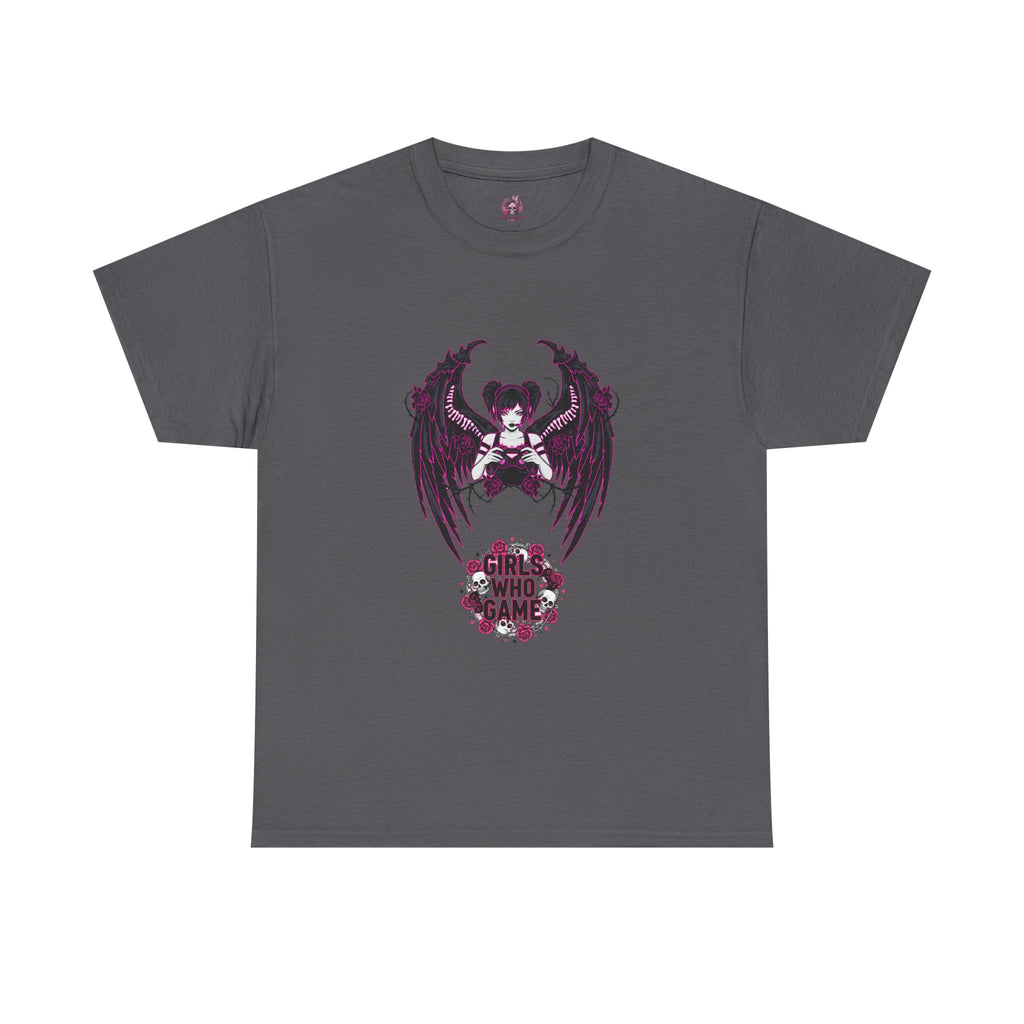 Dark Angel Wings Gamer Girl — Pink Neon Graphic T-Shirt