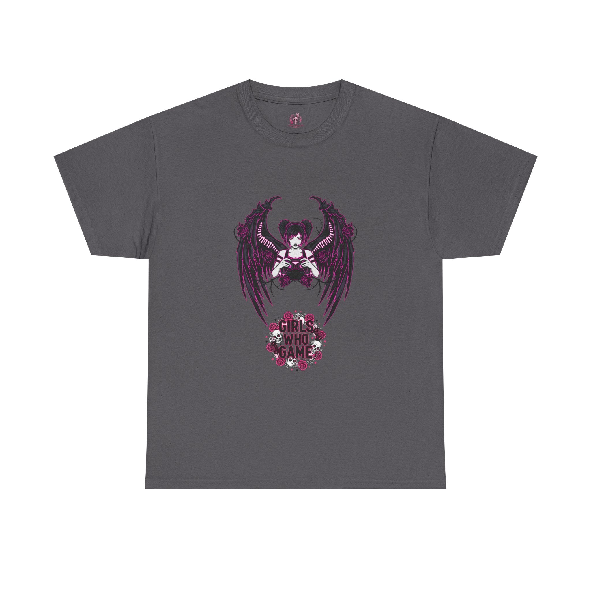 Dark Angel Wings Gamer Girl — Pink Neon Graphic T-Shirt