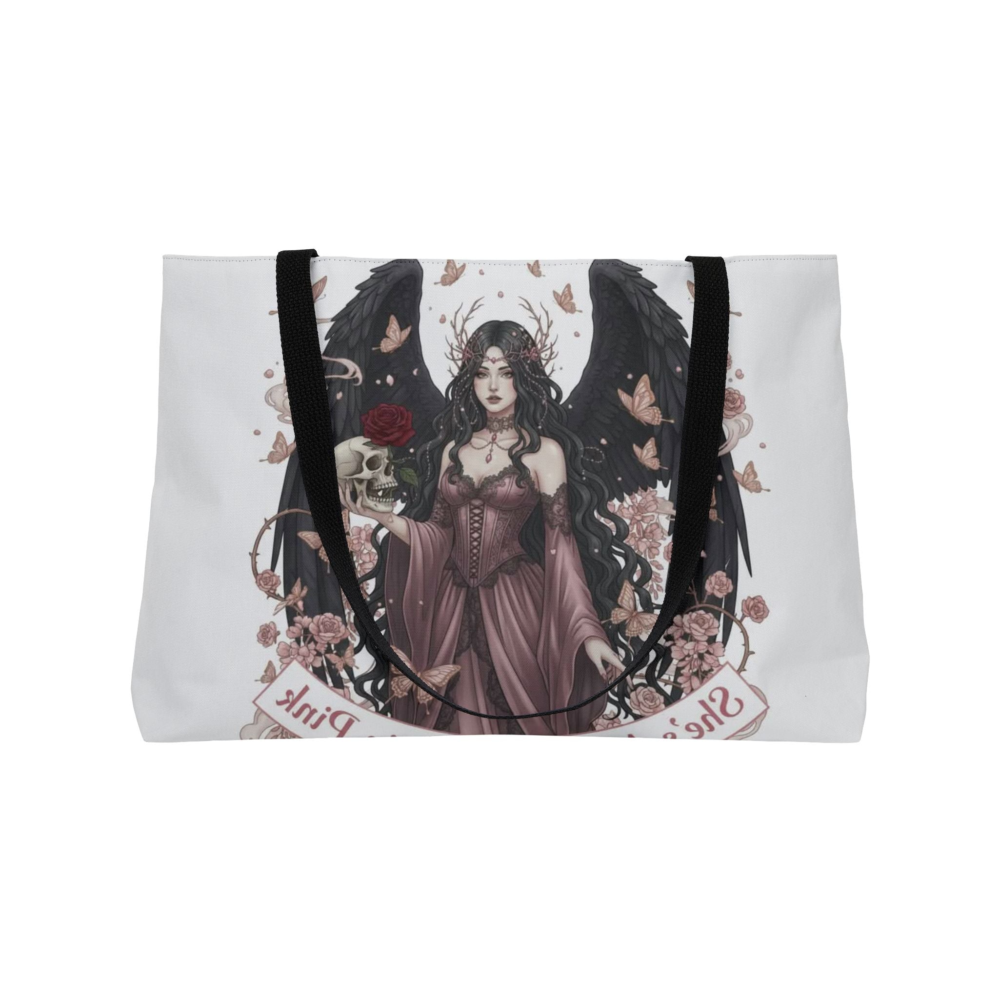 Gothic Angel Weekender Tote — Dark Romantic Rose & Skull Illustration