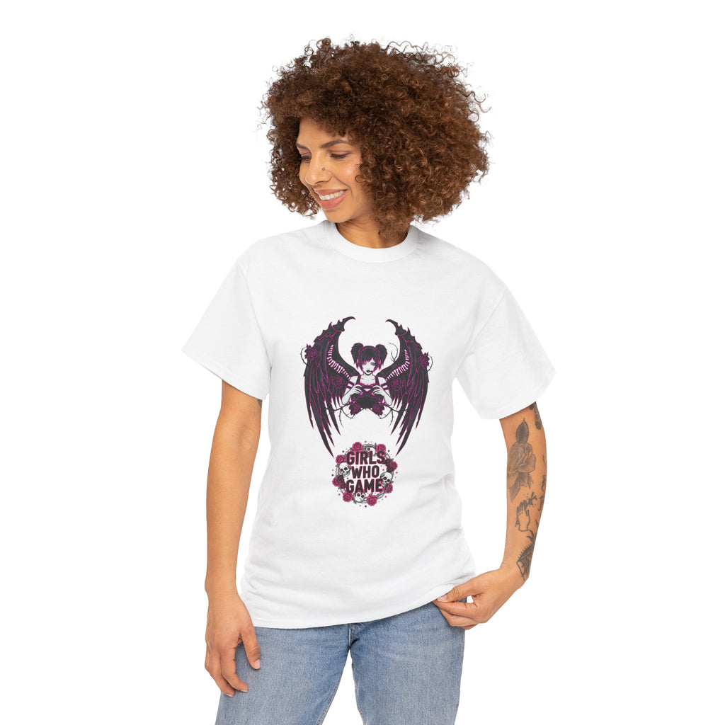 Dark Angel Wings Gamer Girl — Pink Neon Graphic T-Shirt