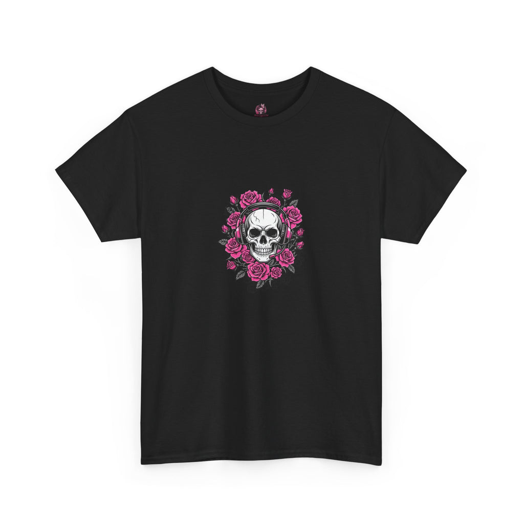Girls Who Game Skull & Pink Roses Headset Graphic T-Shirt