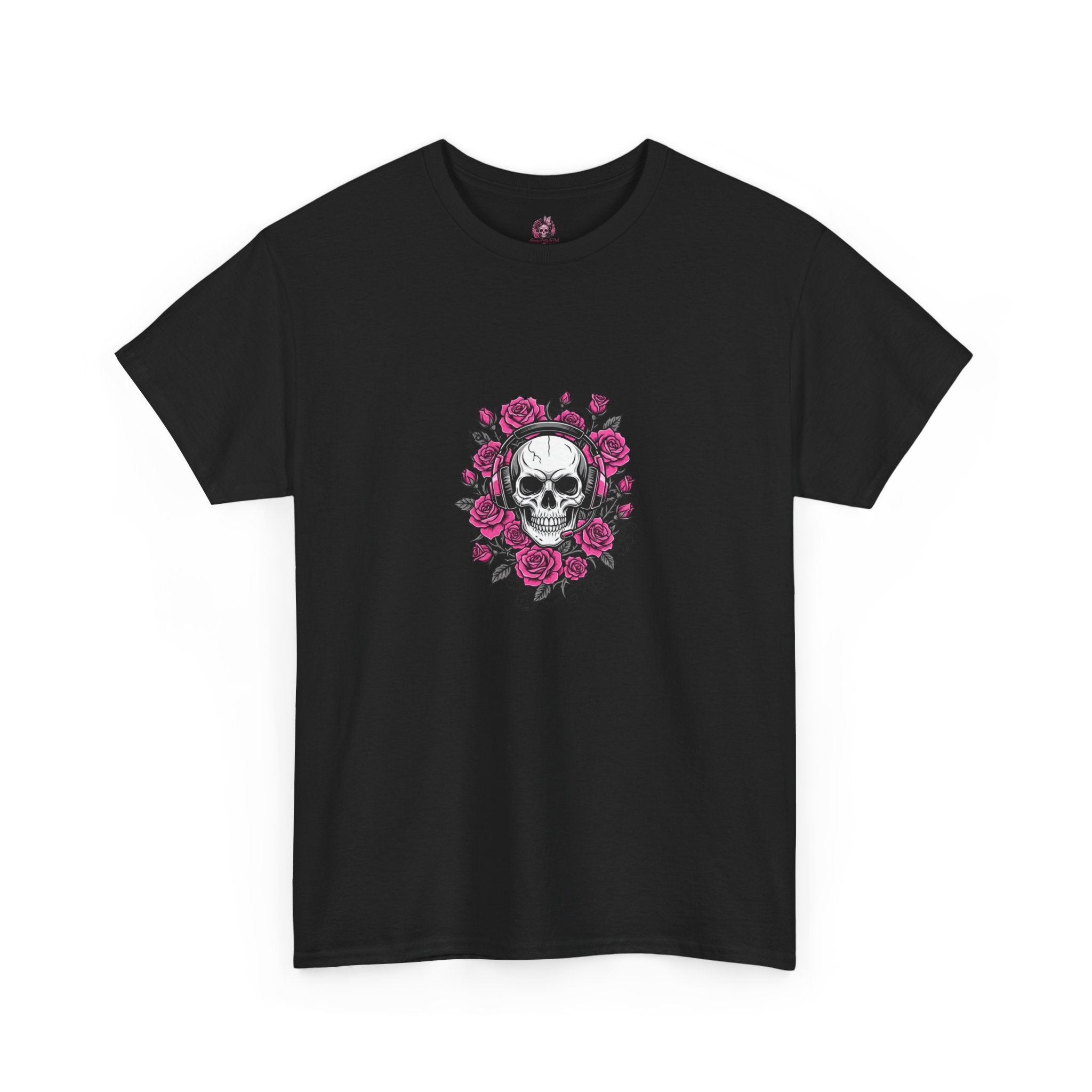 Girls Who Game Skull & Pink Roses Headset Graphic T-Shirt