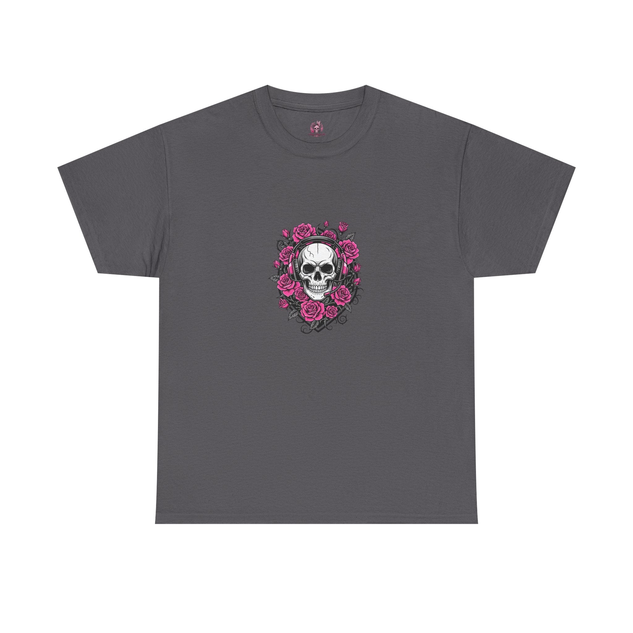 Girls Who Game Skull & Pink Roses Headset Graphic T-Shirt