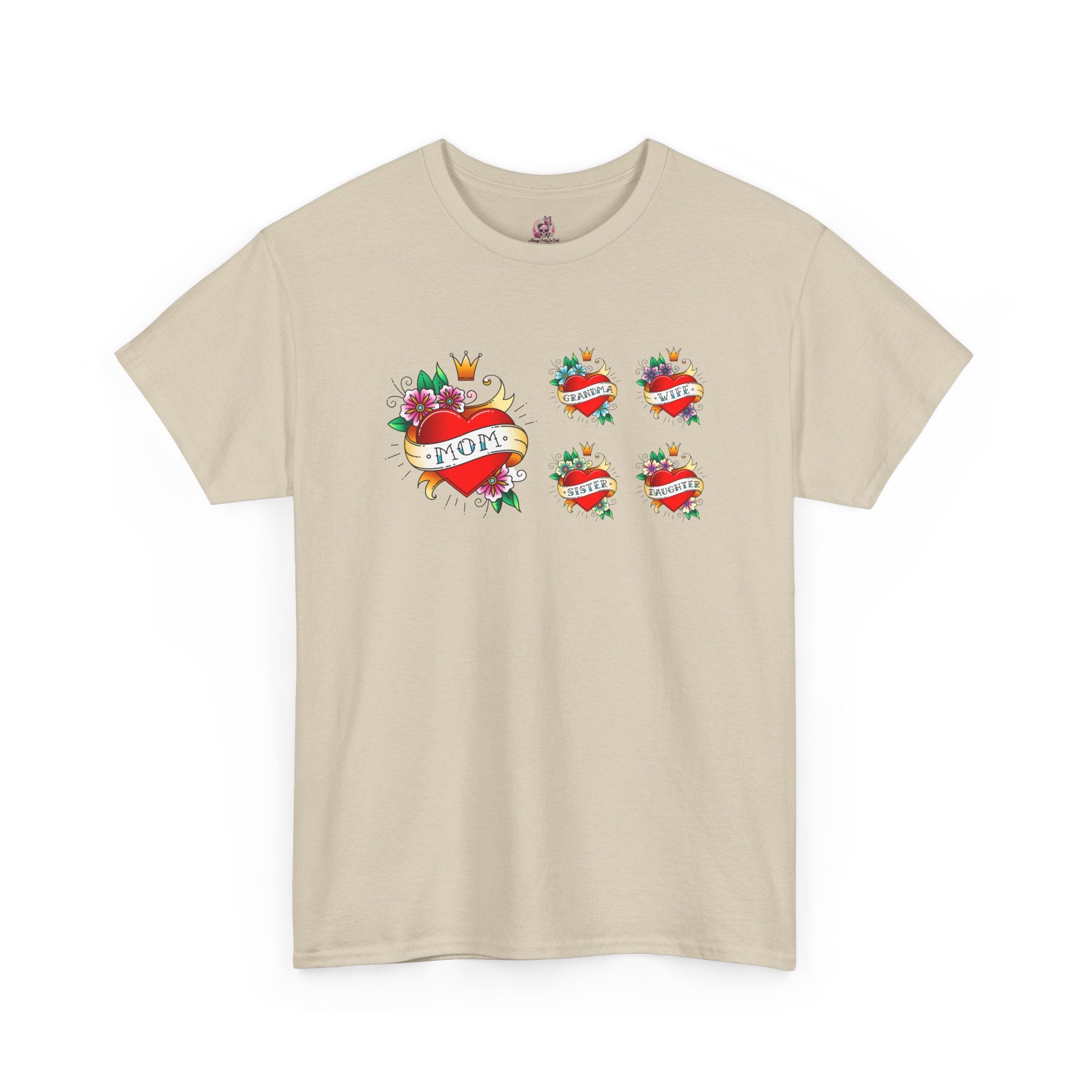 Mom Heart Tattoo Graphic Tee — Vintage Floral "MOM" Chest Print