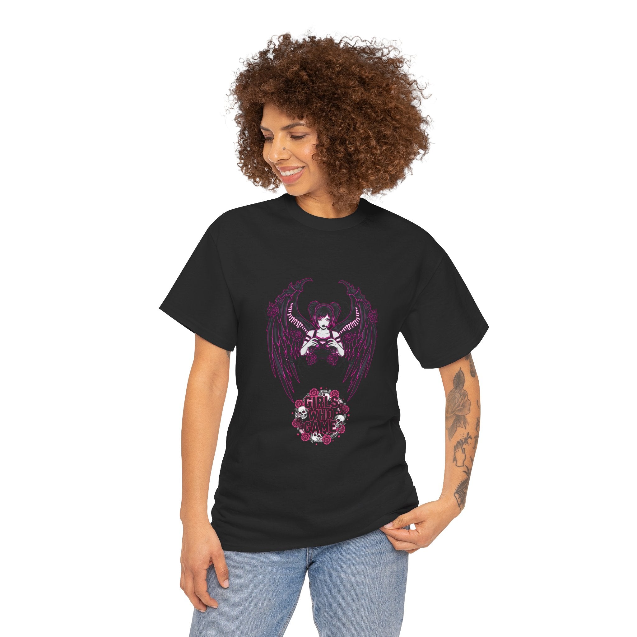 Dark Angel Wings Gamer Girl — Pink Neon Graphic T-Shirt