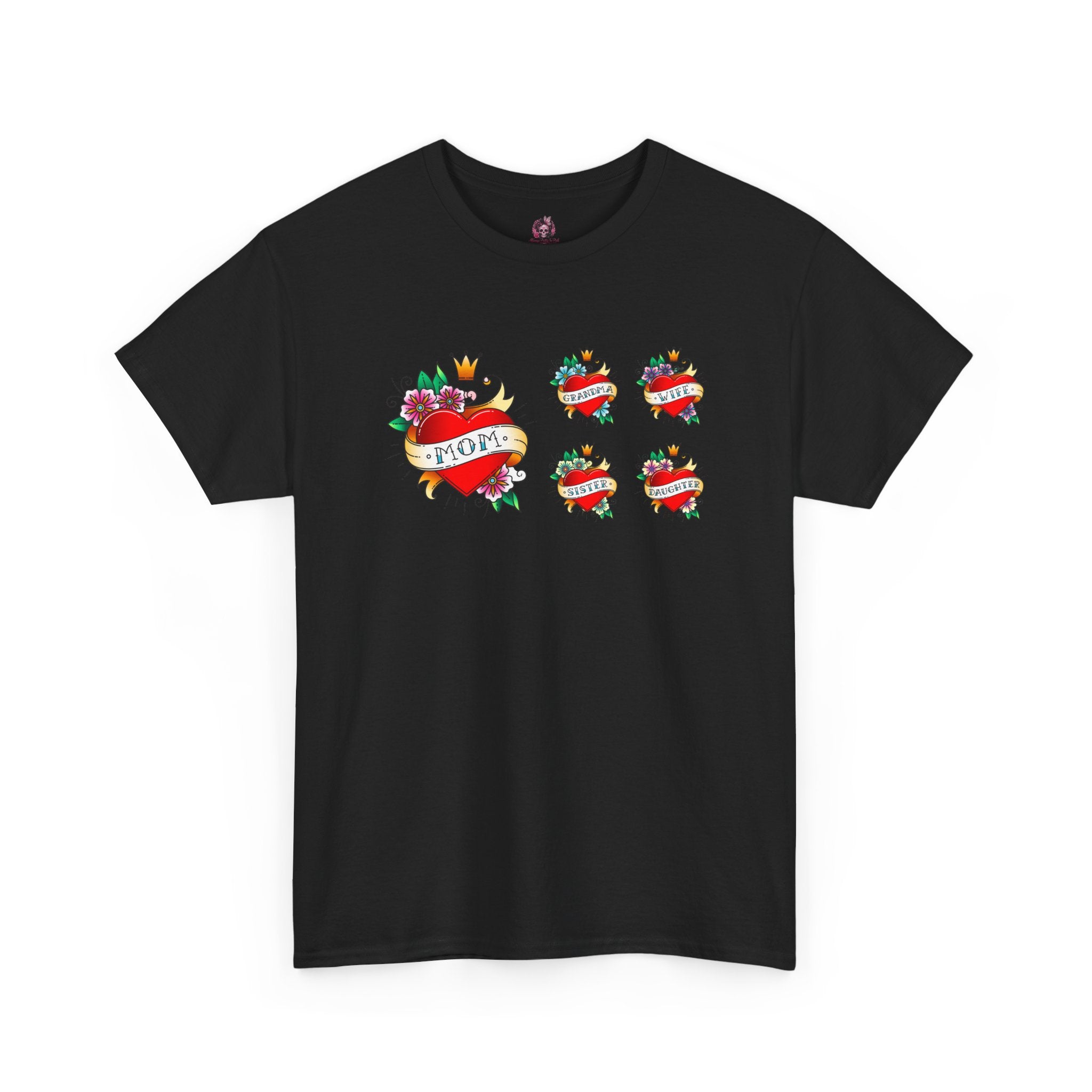 Mom Heart Tattoo Graphic Tee — Vintage Floral "MOM" Chest Print