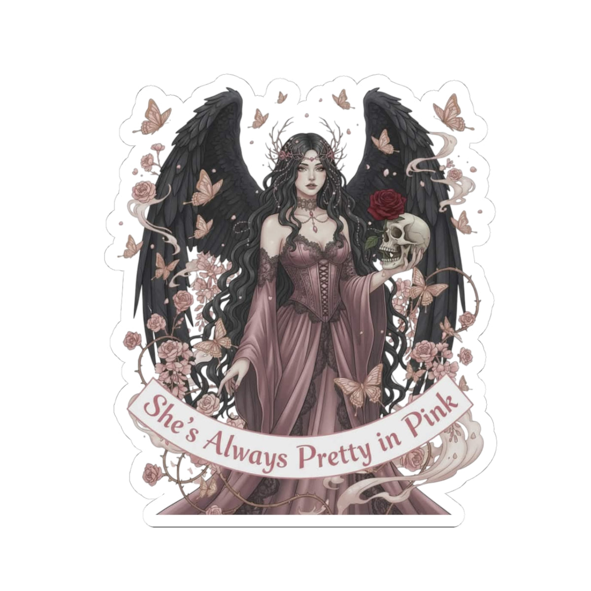 Gothic Angel Kiss-Cut Sticker "She's Always Pretty in Pink"