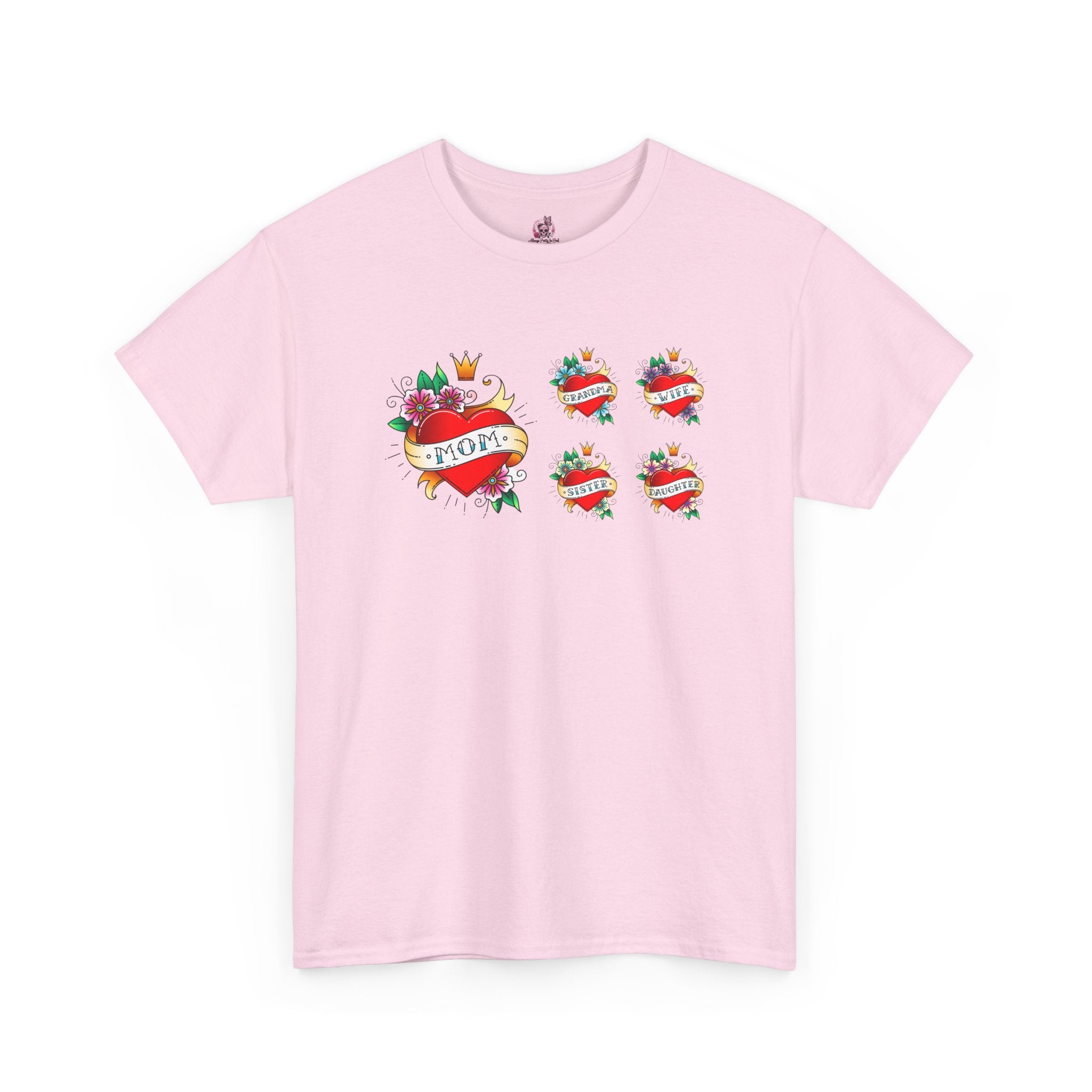 Mom Heart Tattoo Graphic Tee — Vintage Floral "MOM" Chest Print