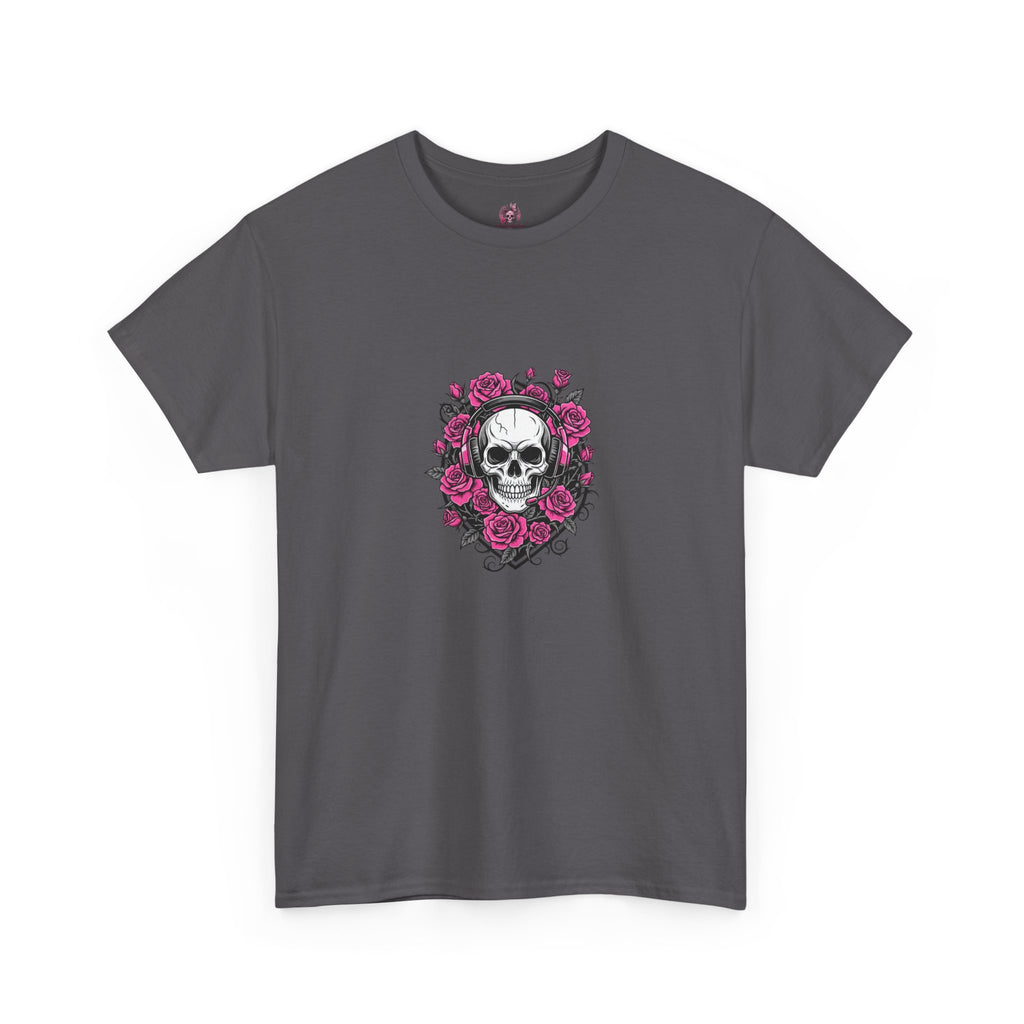 Girls Who Game Skull & Pink Roses Headset Graphic T-Shirt