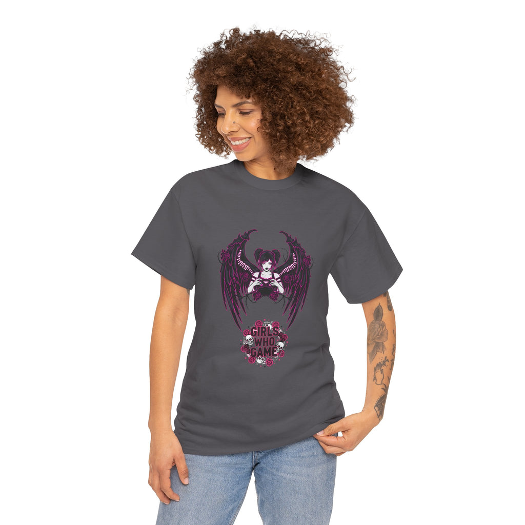 Dark Angel Wings Gamer Girl — Pink Neon Graphic T-Shirt