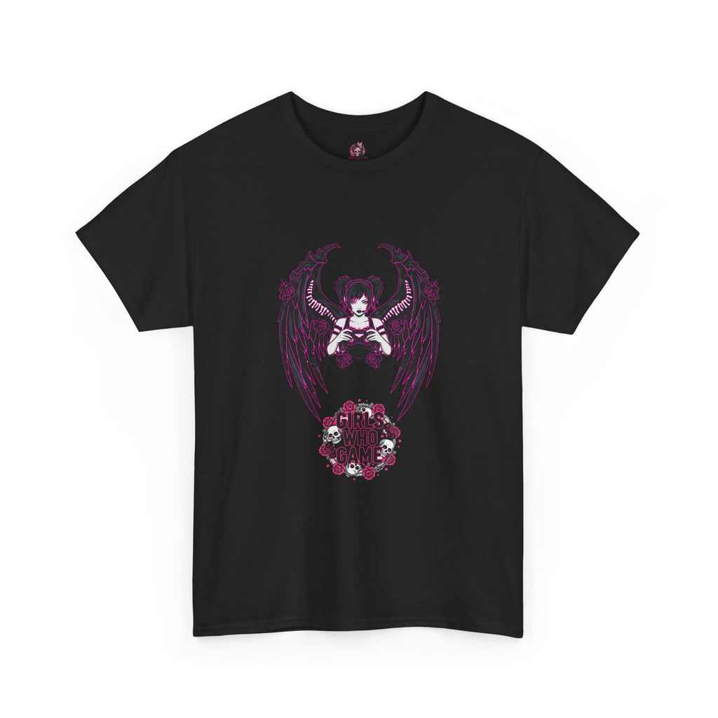 Dark Angel Wings Gamer Girl — Pink Neon Graphic T-Shirt