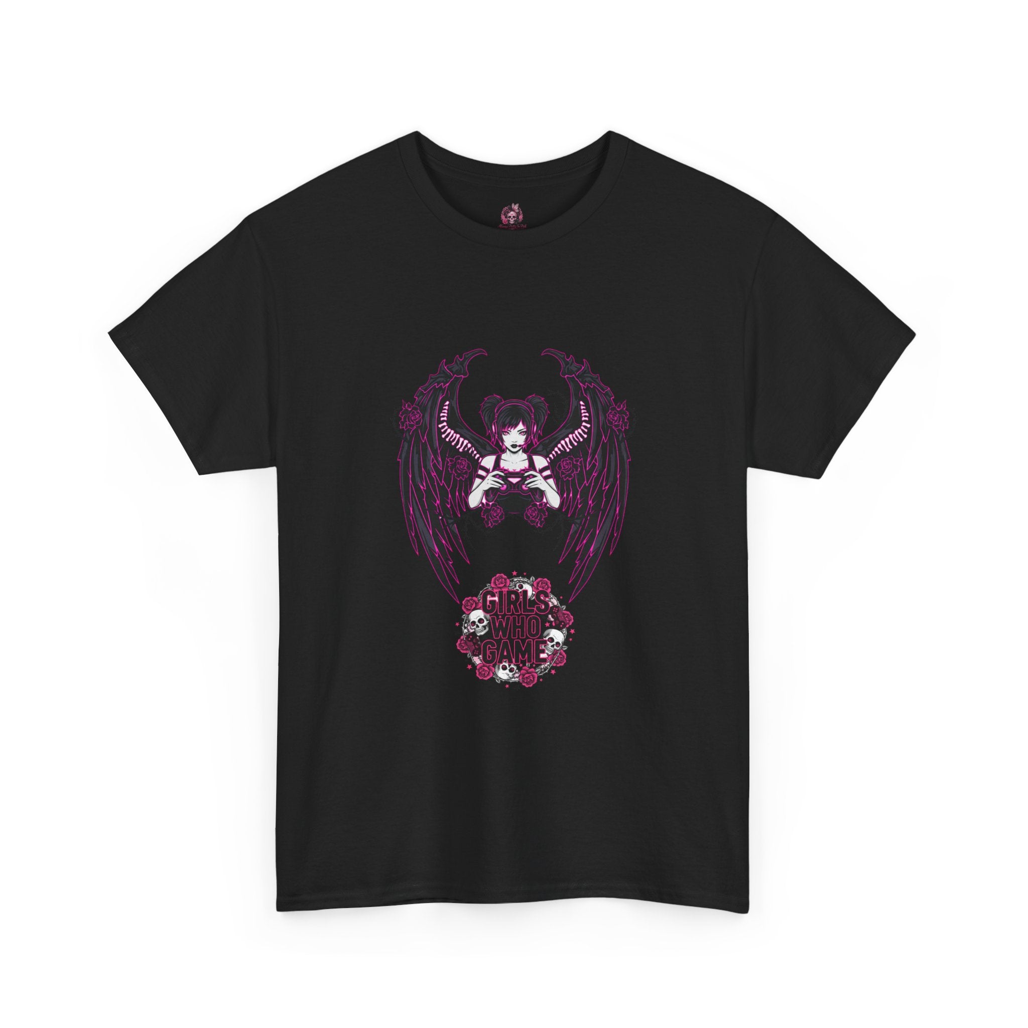 Dark Angel Wings Gamer Girl — Pink Neon Graphic T-Shirt
