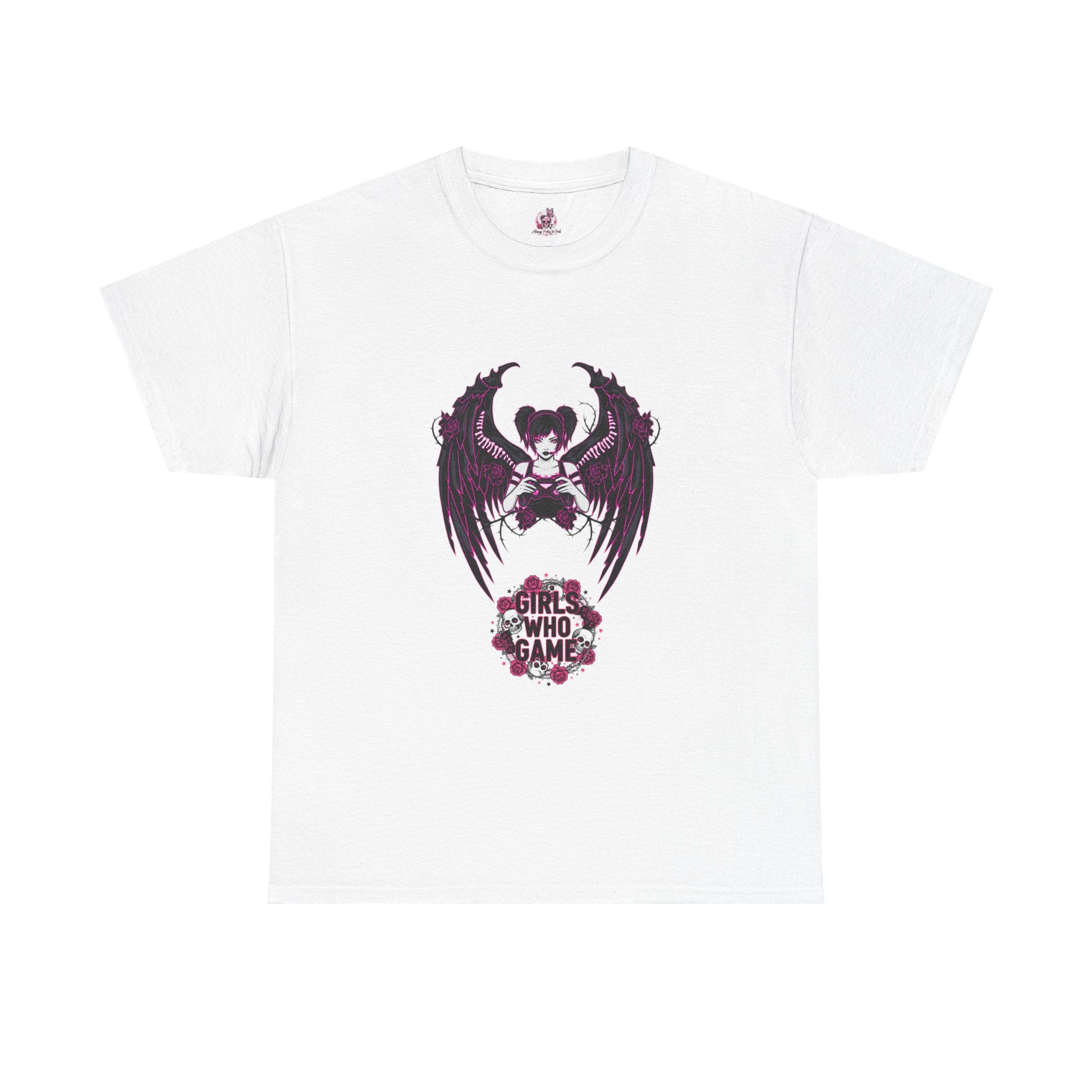 Dark Angel Wings Gamer Girl — Pink Neon Graphic T-Shirt